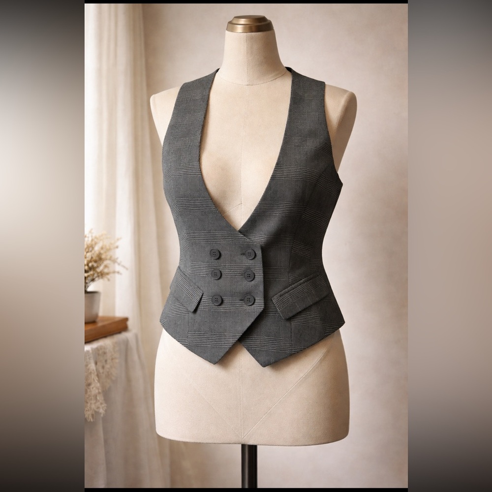 VTG Tailored Plaid Waistcoat Charcoal Double Breasted Vest Office Dark Academia